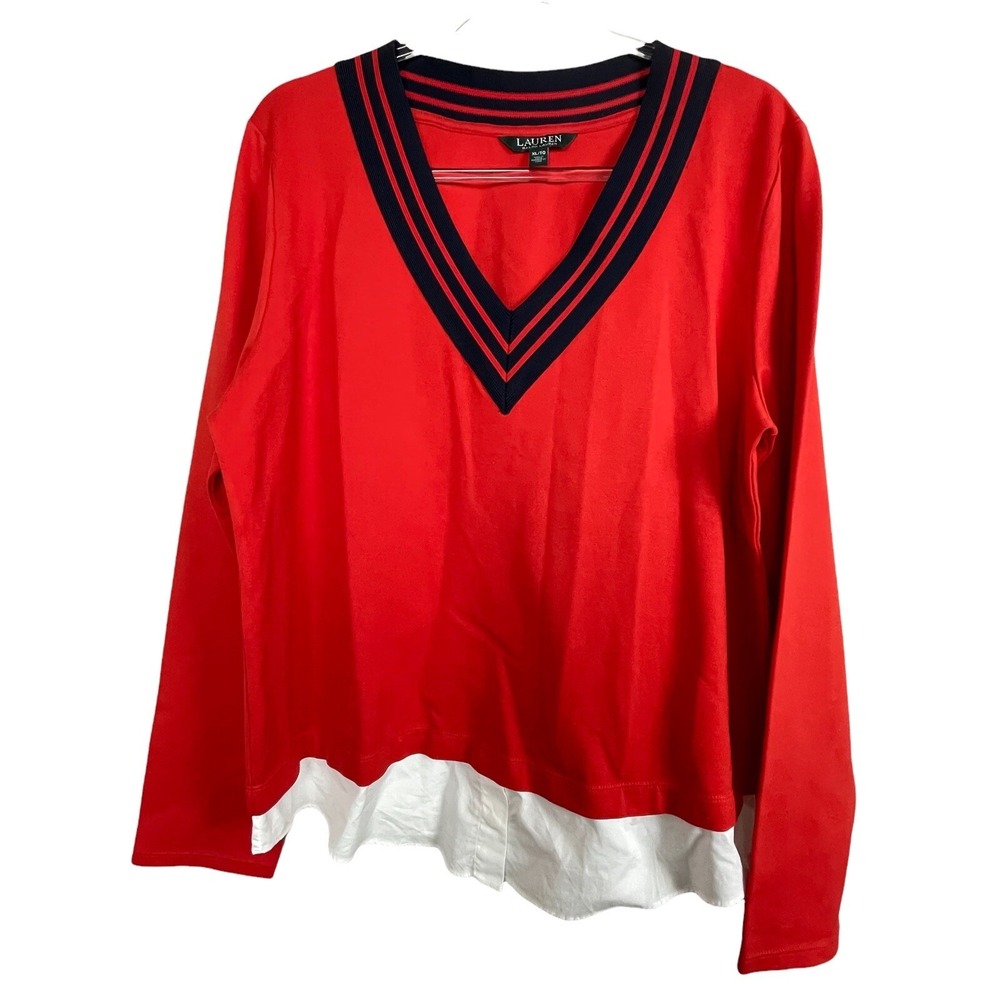 Lauren Ralph Lauren Red‎ Blue Striped Trim V-neck Layered Look White Shirt Hem